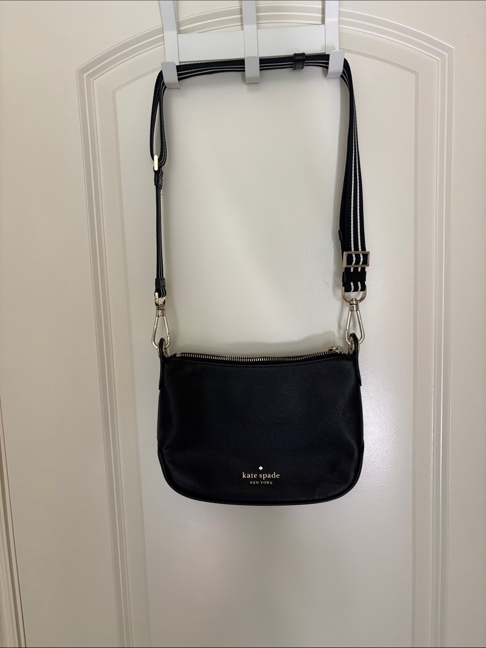 kate spade Black Pebbled Leather Crossbody with Striped Strap